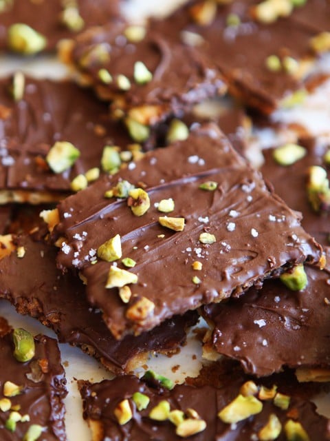 Chocolate Toffee Matzo Crunch with Pistachios & Sea Salt - Delicious Passover dessert inspired by Marcy Goldman\'s \"A Treasury of Holiday Baking\"