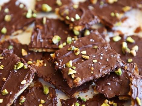 A close up portrait shot of Chocolate Toffee Matzo Crunch with Pistachios & Sea Salt