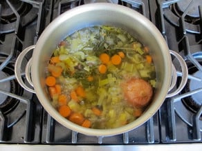 Simmering vegetables on the stove.