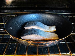 Finishing salmon filets in the oven.