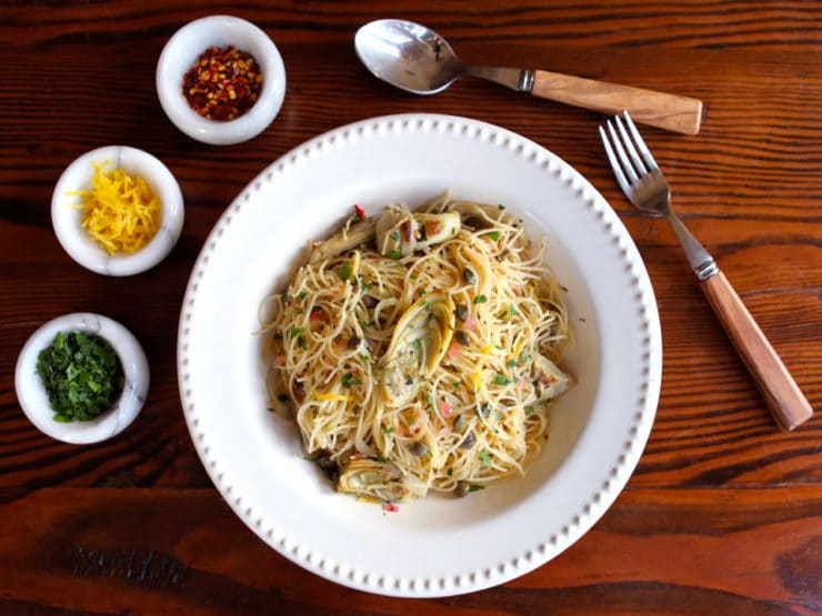 Lemon Butter Pasta with Artichokes and Capers - Easy Flavorful Meatless Meal by Tori Avey