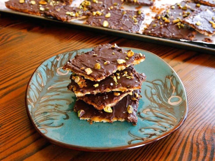 Chocolate Toffee Matzo Crunch with Pistachios & Sea Salt - Delicious Passover dessert inspired by Marcy Goldman\'s \"A Treasury of Holiday Baking\"