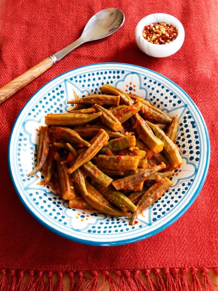 Middle Eastern Okra - Easy, Healthy and Delicious Recipe for Bamya with Tomato, Onion and Spices by Tori Avey.