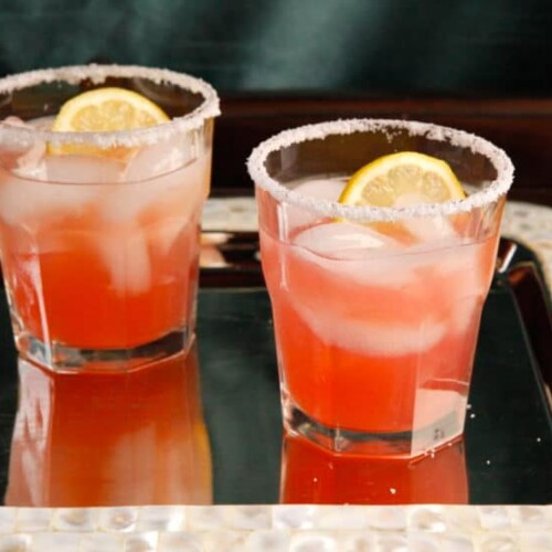 Rhubarb Rosewater Margarita - A Sweet-Tart Cocktail Recipe with Rhubarb Syrup, Lemon and Exotic Rosewater Essence by Tori Avey