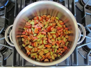 Chopped rhubarb in a medium saucepan.