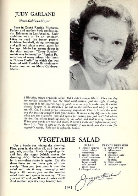 Judy Garland's Favorite Salad Recipe - Learn about the life of Judy Garland and celebrate her birthday with her very own crisp vegetable salad recipe with homemade French dressing.