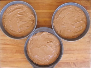 Cake batter divided into three round pans.