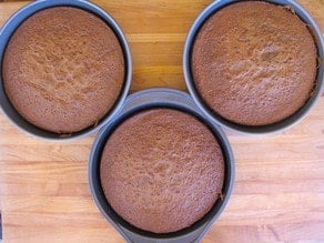 Three round cake layers, baked.