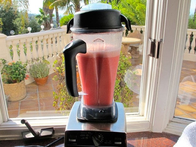 Watermelon cubes processed in a blender.