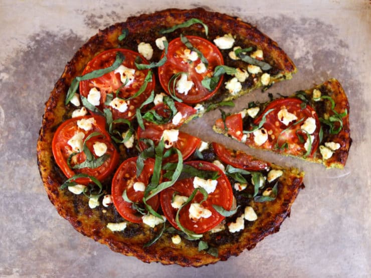 Tomato Basil Tart with Pesto, Goat Cheese and Cauliflower Crust - Gluten Free Recipe by Tori Avey