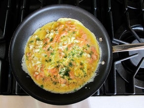 Beaten eggs poured into a skillet.