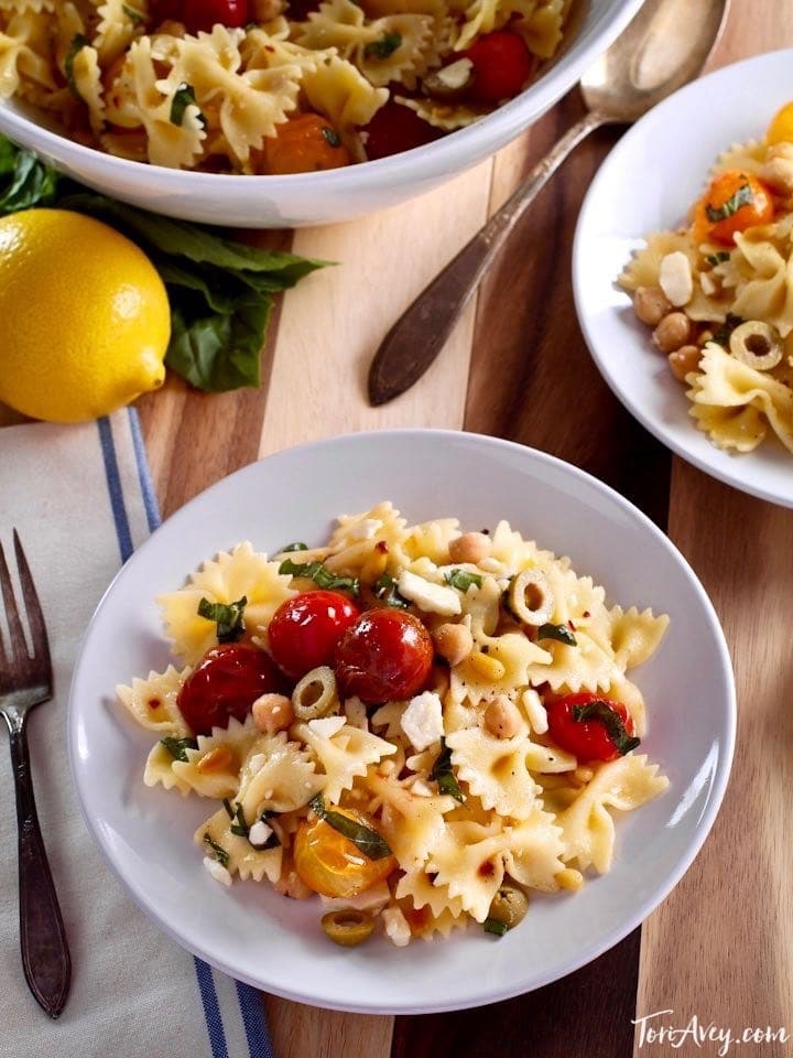 Lemon Pasta Salad Recipe with Roasted Tomatoes, Chickpeas and Feta