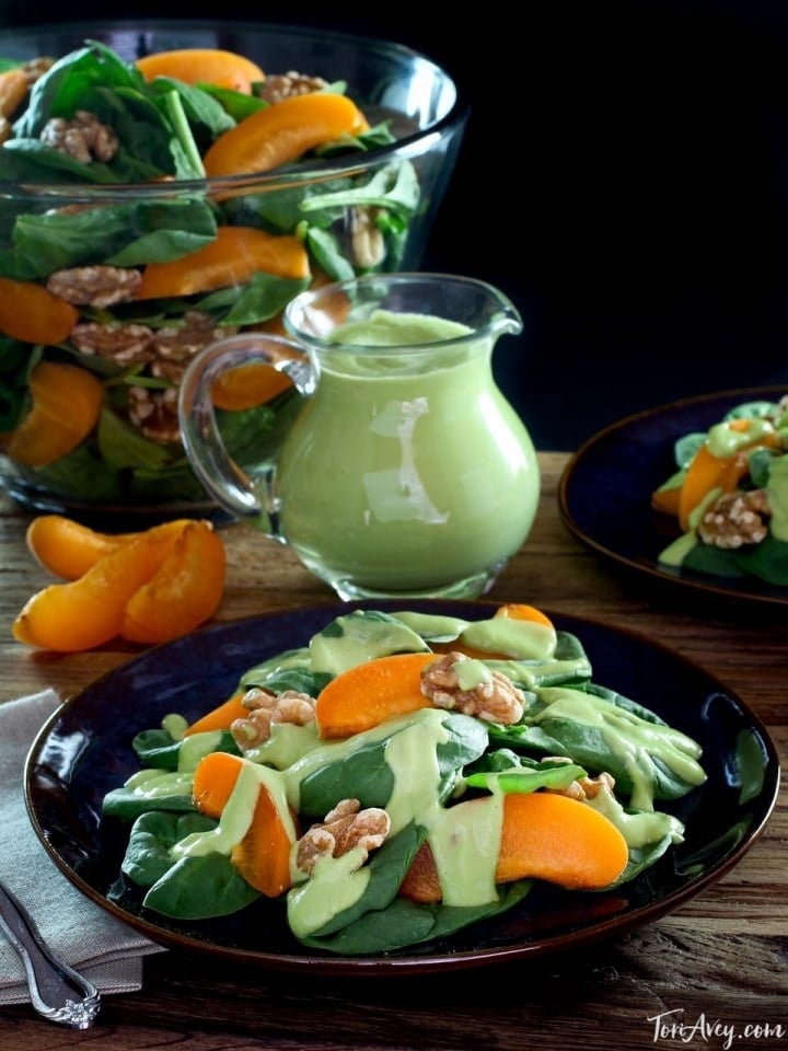 Apricot Spinach Salad with Toasted Walnuts and Avocado Basil Dressing - Fresh Vegan Summer Salad Recipe by Tori Avey