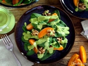 Apricot Spinach Salad with Toasted Walnuts and Avocado Basil Dressing - Fresh Vegan Summer Salad Recipe by Tori Avey