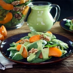 Apricot Spinach Salad with Toasted Walnuts and Avocado Basil Dressing - Fresh Vegan Summer Salad Recipe by Tori Avey