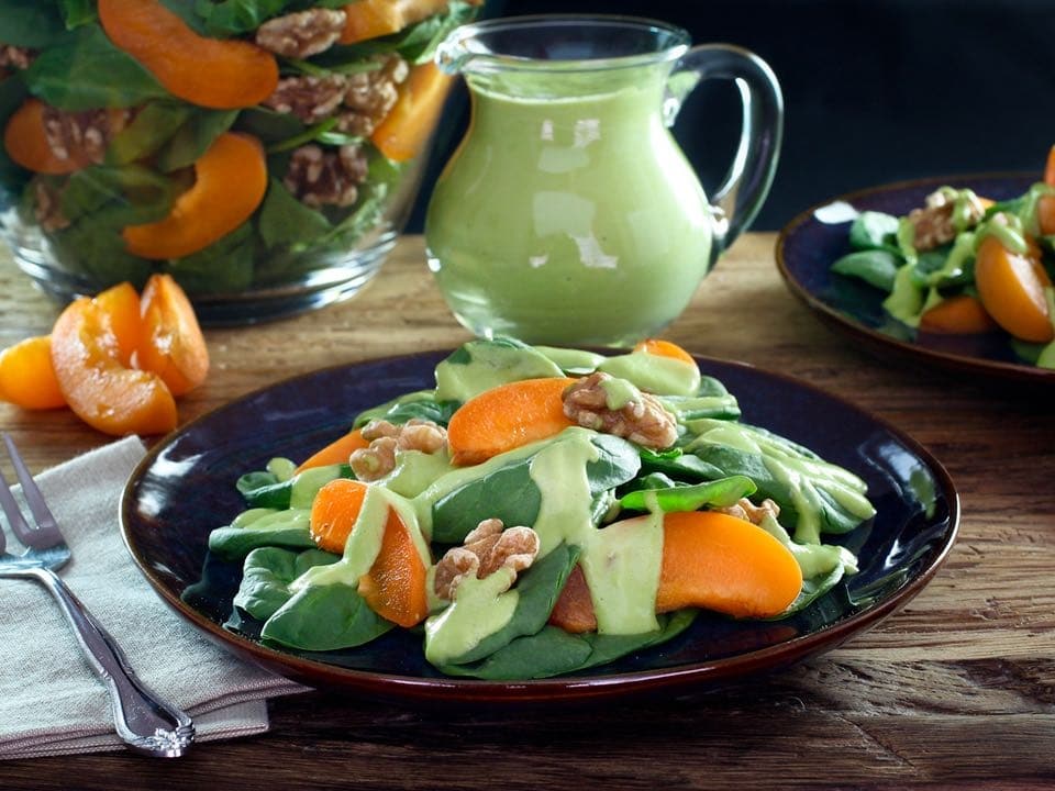 Apricot Spinach Salad with Toasted Walnuts and Avocado Basil Dressing - Fresh Vegan Summer Salad Recipe by Tori Avey