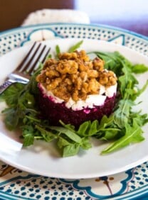 A vibrant and flavorful dish made with roasted beets, finely chopped and seasoned for a delicious appetizer