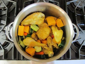 Diced vegetables added to stockpot.