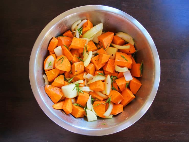 Diced sweet potatoes in a large bowl.