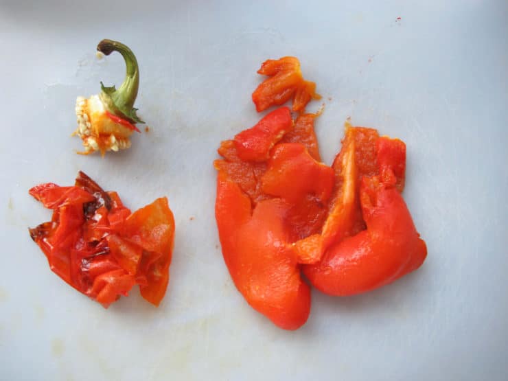 Peeling and seeding roasted peppers.