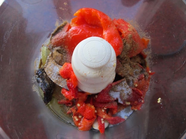 Harissa ingredients in a food processor.