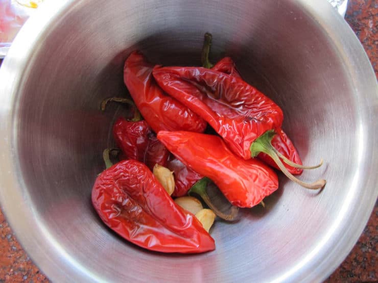 Roasted peppers in a bowl.