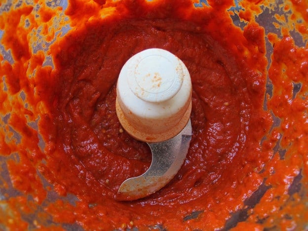 Harissa blended in a food processor.
