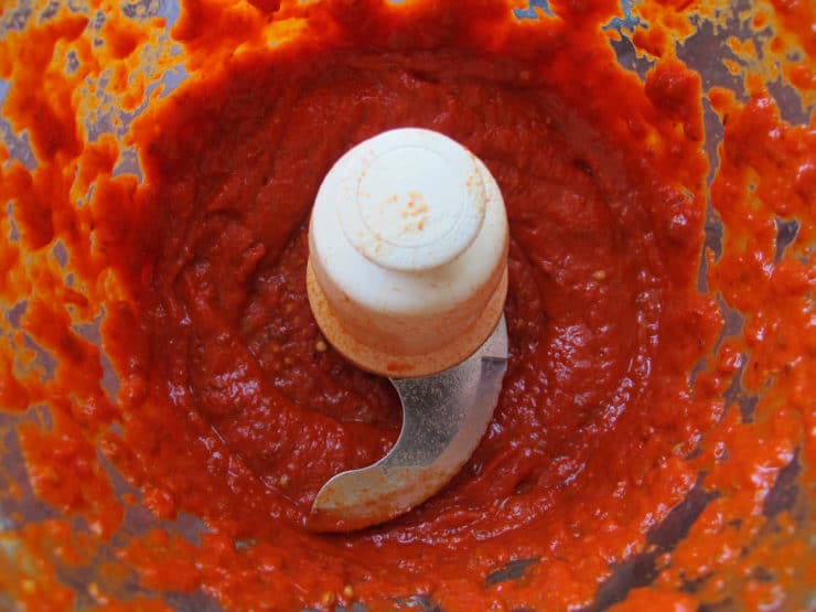 Harissa blended in a food processor.
