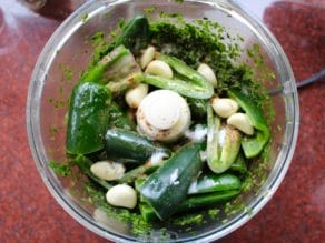 Jalapeno peppers, garlic cloves, spices and herbs in food processor on kitchen countertop
