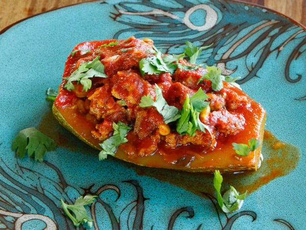 Stuffed Zucchini with ground beef or lamb, pine nuts, tomato sauce and spices. Low carb, paleo, gluten free, grain free.