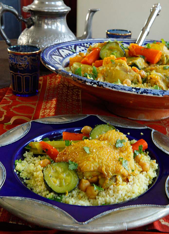 Chicken Vegetable Couscous - Healthy, easy and affordable savory Moroccan-inspired recipe for couscous with chicken, zucchini, carrots, celery, butternut squash and spices.
