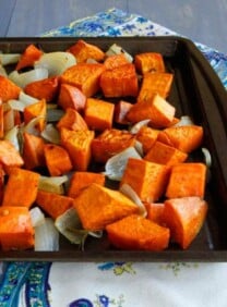 Spicy Roasted Sweet Potatoes - Healthy roasted yams with sweet Maui onions and spicy chili pepper flakes.