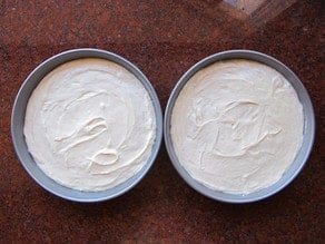 Cake batter divided into two round pans.