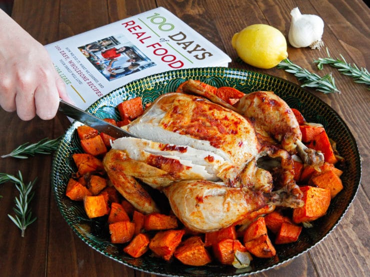 Lisa Leake\'s Slow Cooker Chicken - Cook a whole chicken in the crock pot. Simple and delicious recipe from the 100 Days of Real Food Cookbook.