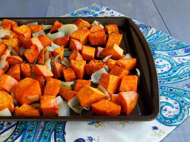 Spicy Roasted Sweet Potatoes with Sweet Onion, Rosemary & Chili Flakes