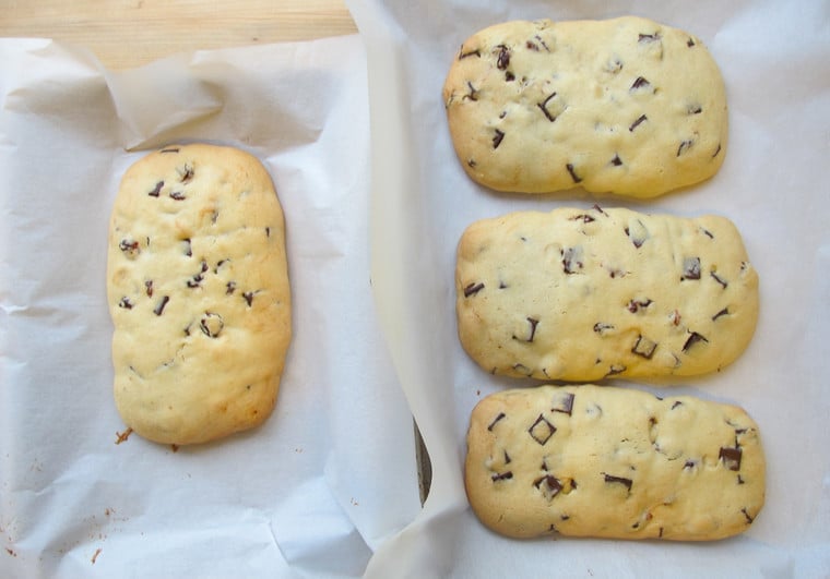Dark Chocolate Cherry Mandelbrot taken out of the oven and looks almost fully cook