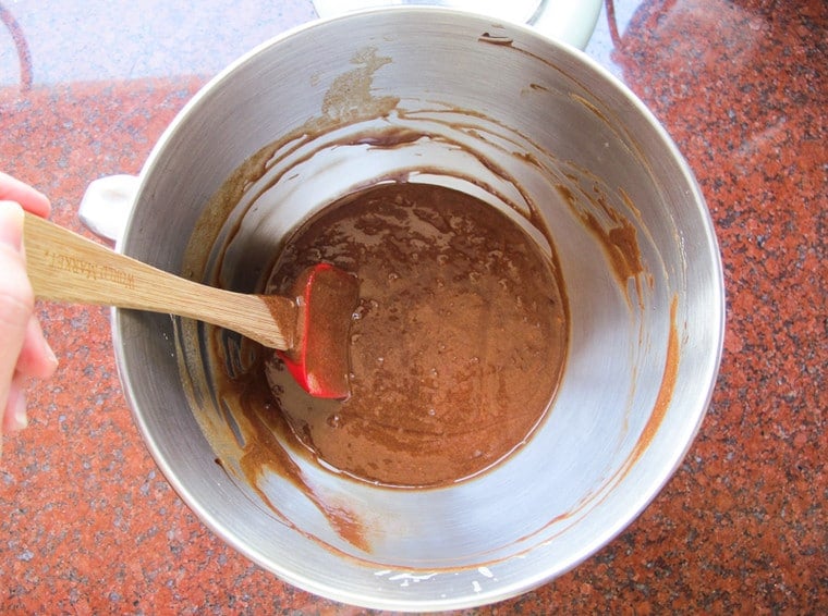 Egg and flour added to melted chocolate.