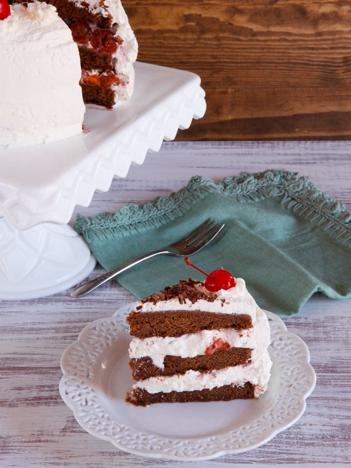 American Cakes - Black Forest Cake Recipe and History from food Historian Gil Marks. Chocolate Layer Cake with Whipped Cream Frosting and \"Drunken\" Cherries. 