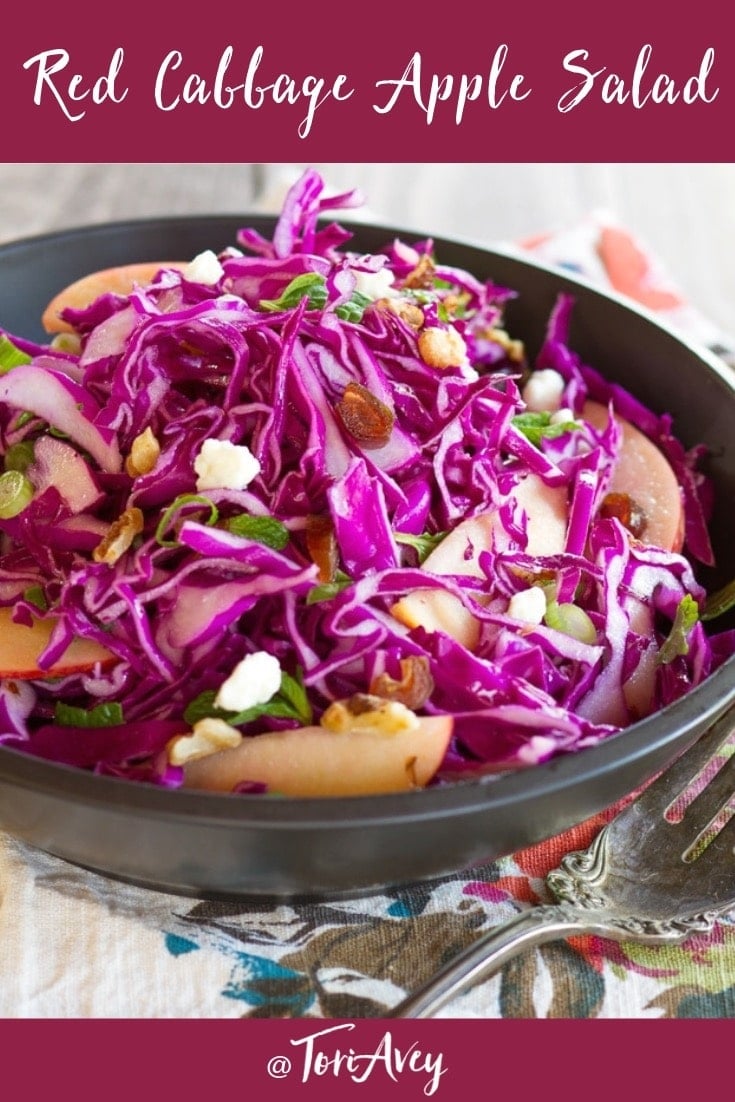 Red Cabbage Apple Salad with Blue Cheese & Walnuts - Unique and delicious cabbage salad recipe with apples, blue cheese, toasted walnuts, dates, green onions, mint and a tantalizing creamy dressing. #salad #wintersalad #cabbage #dates #apples #walnuts #bluecheese