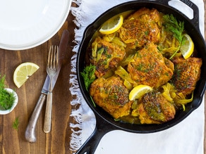 Braised Chicken Thighs with Lemon and Dill - Easy Weeknight Dinner Recipe with Healthy Turmeric, Lemon Juice and Fresh Dill