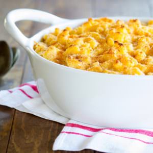 Bowl of creamy macaroni and cheese made with Greek yogurt