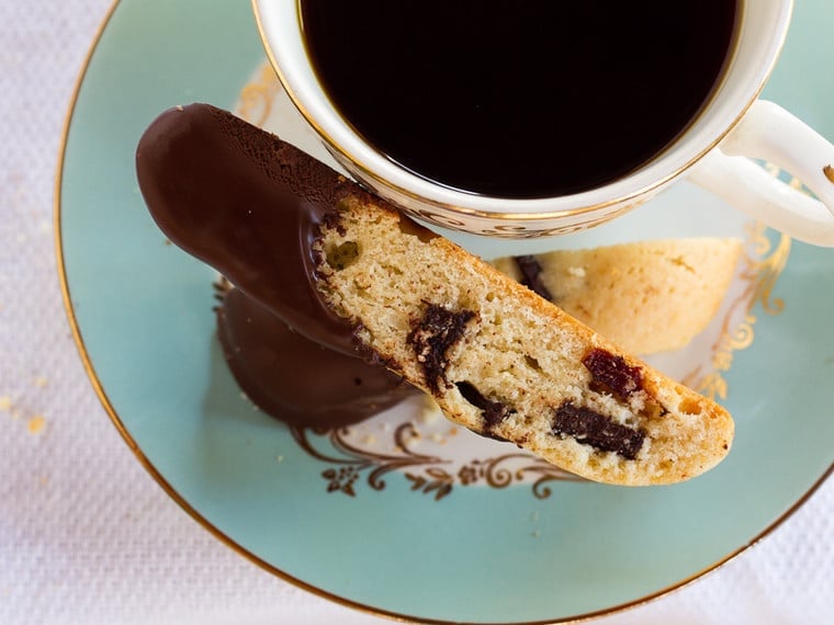 Dark Chocolate Cherry Mandelbrot - Biscotti-Like Almond-Scented Cookie Recipe with Dried Cherries and Dark Chocolate. Perfect with Tea or Coffee!
