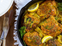 A delicious skillet dish with tender chicken and vegetables, cooked with dill and turmeric for a flavorful and aromatic meal