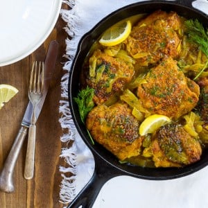 Tender chicken cooked with dill and turmeric, creating a flavorful and aromatic dish