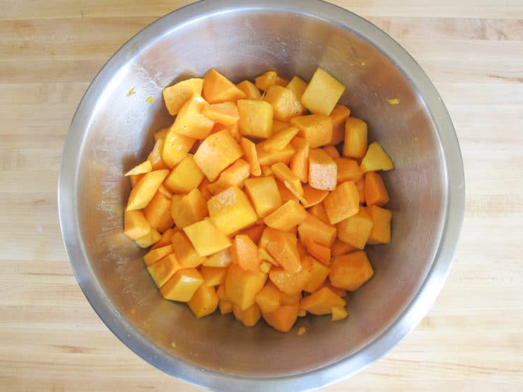 Overhead view of squash in mixing bowl.