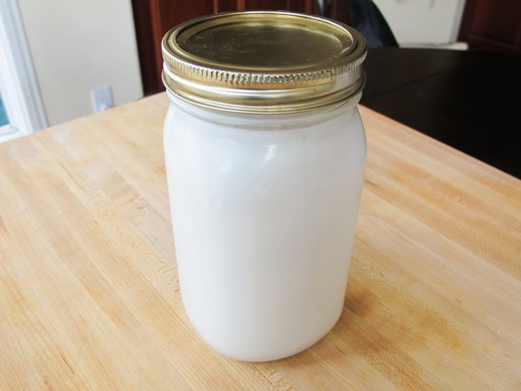 Coconut milk in a canning jar.
