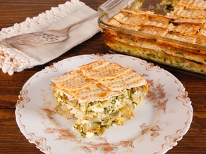 Spinach, Feta and Artichoke Matzo Mina - Greek-Style Sephardic Matzo Casserole Recipe. Flavorful Vegetarian Passover Seder Entree. Kosher for Passover