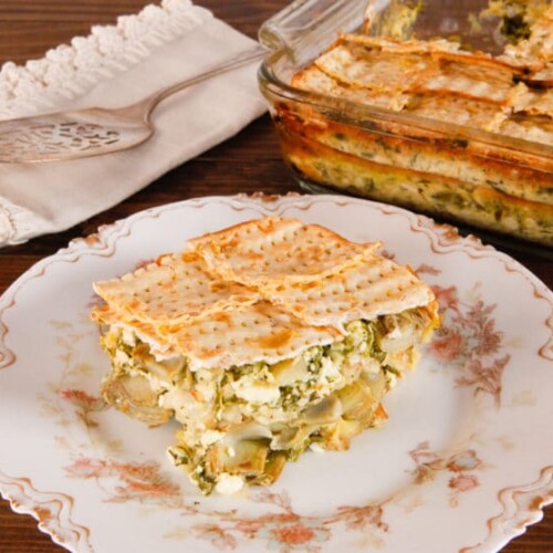Spinach, Feta and Artichoke Matzo Mina - Greek-Style Sephardic Matzo Casserole Recipe. Flavorful Vegetarian Passover Seder Entree. Kosher for Passover