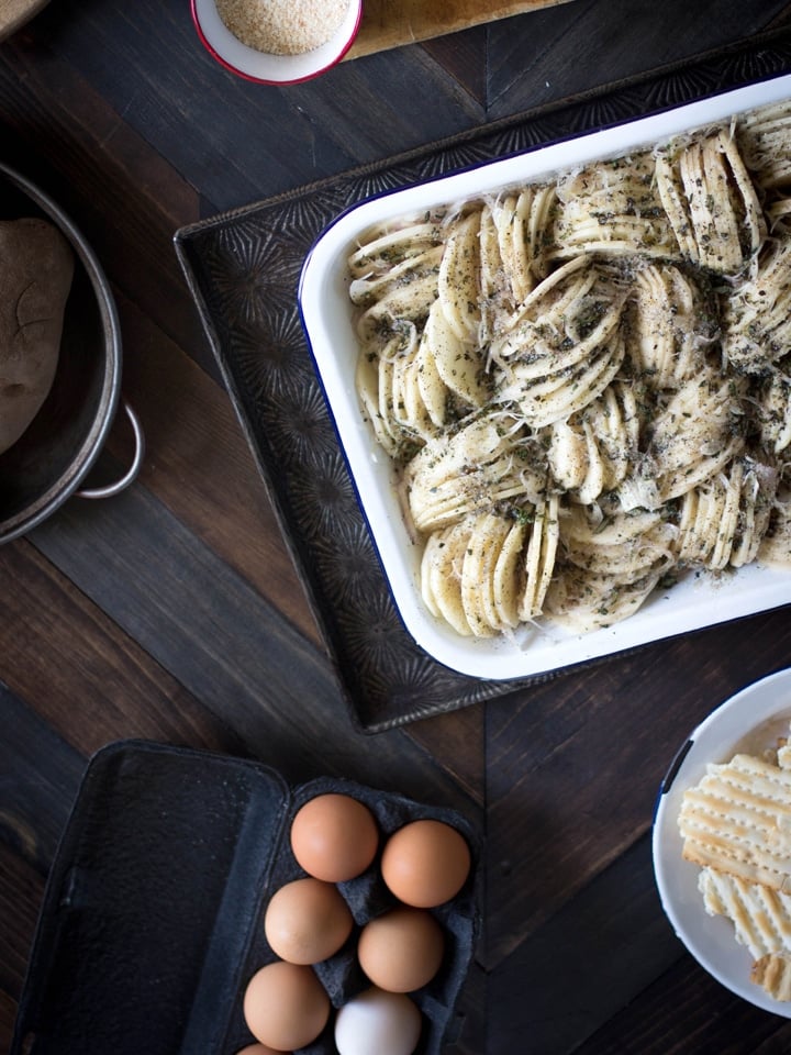 Gluten Free Potato Kugel Gratin - Meg van der Kruik from Beard + Bonnet shares a kosher for Passover vegetarian entree recipe. 