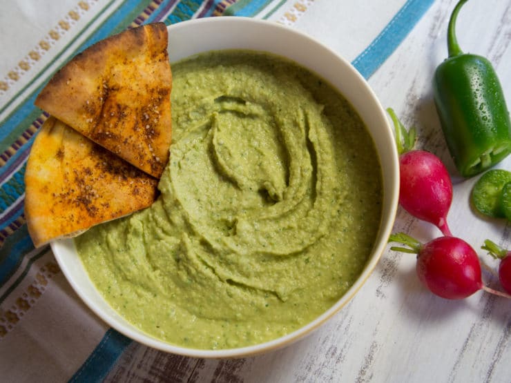 Spicy Jalapeño Hummus - Healthy Green Mezze Recipe. Lighter, Zesty Alternative to Guacamole. Serve with Pita Chips, Bread or Crudités #vegan
